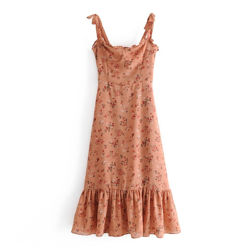 Voguable Vintage Prairie Chic Floral Print Dress Women Sexy Sling Holiday Summer Chiffon Dress Female Sleeveless A-line Midi Robe voguable