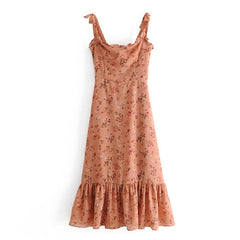 Voguable Vintage Prairie Chic Floral Print Dress Women Sexy Sling Holiday Summer Chiffon Dress Female Sleeveless A-line Midi Robe voguable