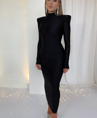 Voguable Solid Long Sleeve With Shoulder Pads Turtleneck Maxi Dress 2022 New Year Women Fashion Streetwear Elegant Skinny voguable