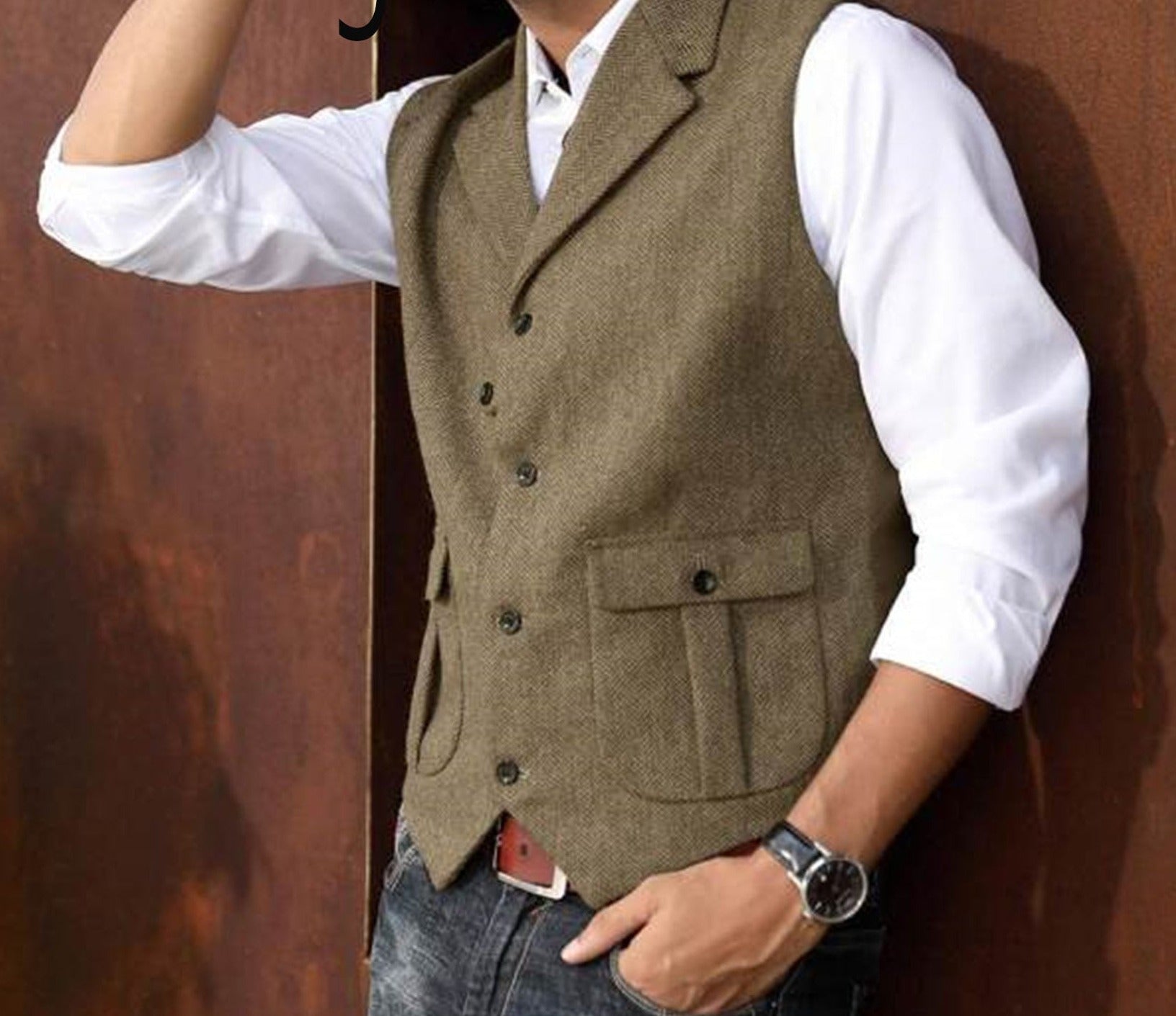 Men's 5 Button Herringbone Tweed Tailored Collar Suit Vest 2 Pockets Casual Victorian Style voguable