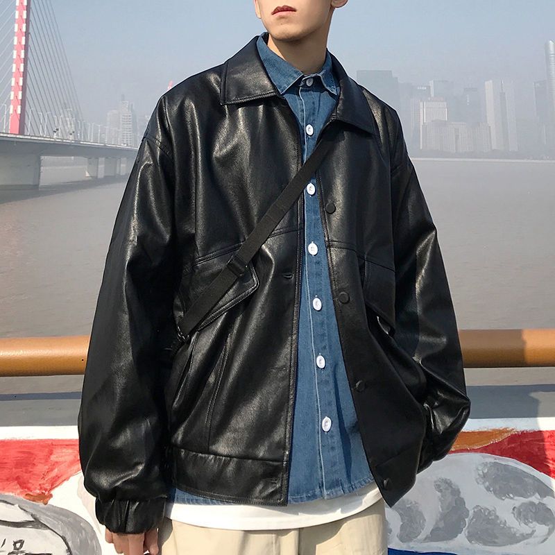 Voguable Vintage Hong Kong style jacket men's spring autumn unisex handsome retro motorcycle jacket leather PU techwear tactical coats voguable