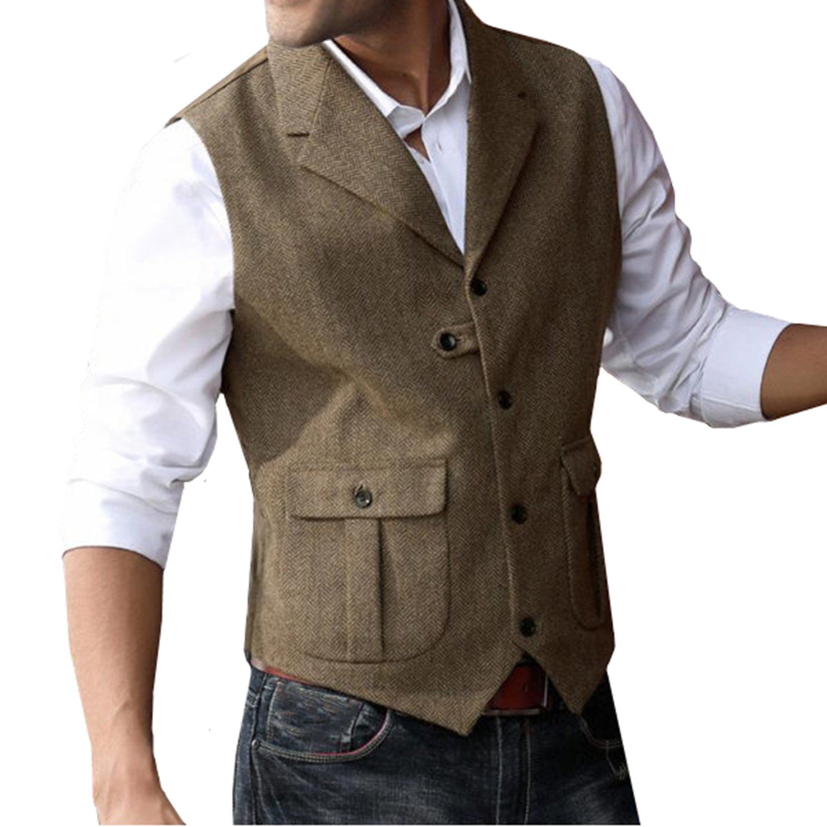 Men's 5 Button Herringbone Tweed Tailored Collar Suit Vest 2 Pockets Casual Victorian Style voguable