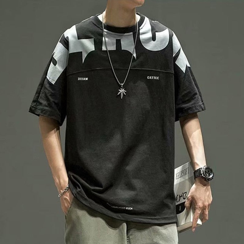Voguable Fashionable Street Style Oversized T Shirt Black White Men Clothing 2 Solid Color O-neck Men T Shirt Printed Letters Sportswear voguable