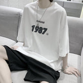 Summer Men's T-shirt Oversized Casual Male Top Tees Hip Hop Loose T Shirt Men 1987 Graphic Pure Cotton Men's Clothing voguable