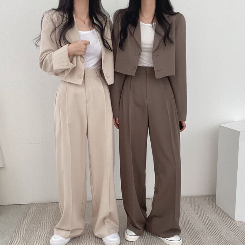 Korean Style Office Lady Blazer Sets Autumn Loose 2 Two Piece Set Women Long Sleeve Short Suit Coat + Straight Suit Pants Suits voguable