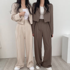 Korean Style Office Lady Blazer Sets Autumn Loose 2 Two Piece Set Women Long Sleeve Short Suit Coat + Straight Suit Pants Suits voguable