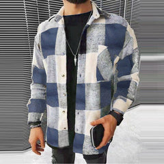 Voguable New Men's Shirt 2021 Fashion Trend Color Matching Plaid Printing Spring and Autumn Cardigan Lapel Long-sleeved Plaid Shirt voguable