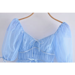 Voguable New Women Blue Tulle Transparent Sexy Crop Blouse Ladies Puff Sleeve Sweet Bow Summer Slim Tops voguable