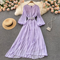 Autumn Women Brown/Purple/Yellow Polka Dot Chiffon Pleated Long Dress Vintage O-Neck Puff Sleeve Draped Vestidos Female New voguable