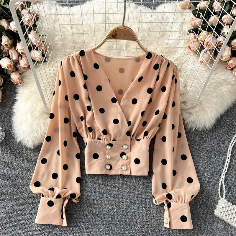 Voguable Women Polka Dot Shirts Vintage Double Breasted Long Sleeve Slim Tops Spring Fashion Korean White Short Blouses 2022 voguable