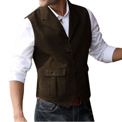 Men's 5 Button Herringbone Tweed Tailored Collar Suit Vest 2 Pockets Casual Victorian Style voguable