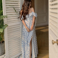 Voguable 2022 Dresses Women Side-slit French Style Print Leisure Puff Sleeve All-match Sexy Ladies Vestidos Vintage College Birthday Party New voguable