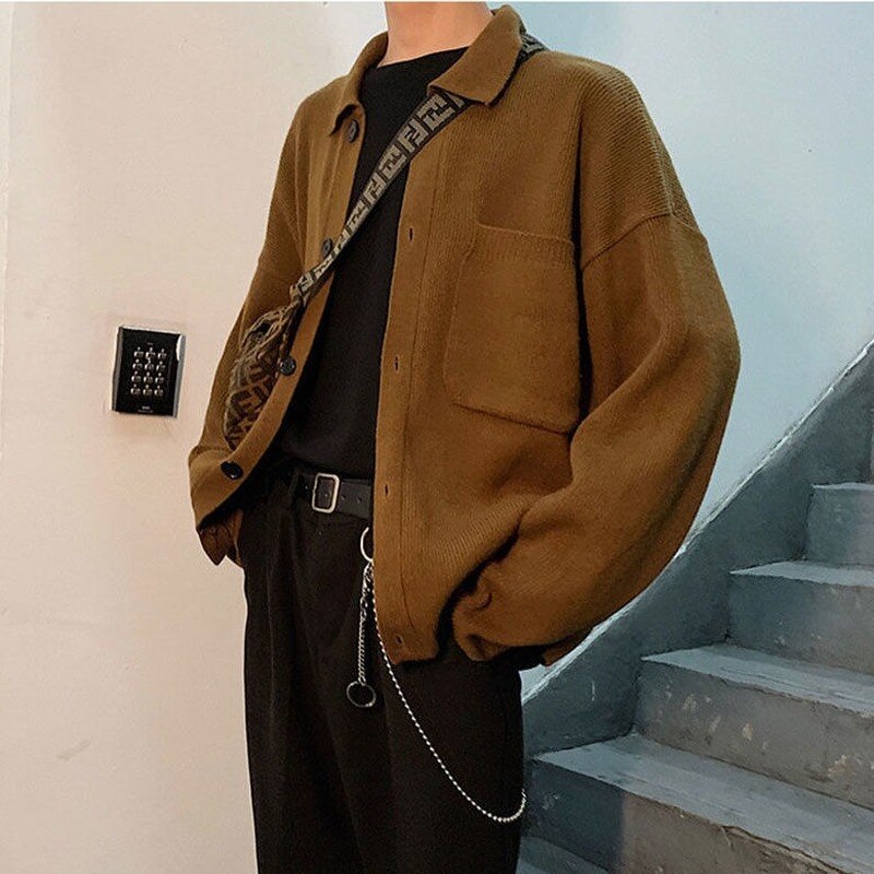 Voguable Oversize Cardigan Men Thick Ins Autumn and Winter Retro Loose Casual Button Solid Color Couple Knit Mens Cardigan Sweater Coat voguable