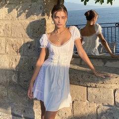 White embroidery lace uo dress women summer ruffle vinatge beach dress famale puff sleeve hollow out tulle dress voguable