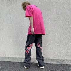 Voguable American high street letter printed jeans men's summer thin hiphop fried street vibe straight tube loose pants streetwear hiphop voguable