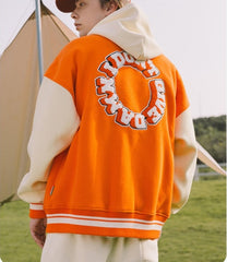 Voguable Unisex Varsity Jacket Urban Streetwear Vintage Fleece Bomber Jacket with Embroidery Couple Orange Baseball Coat voguable