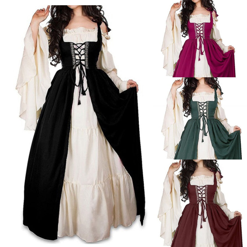 Voguble Halloween Women European Medieval Court Fancy Vampire Cosplay Costume Carnival Vintage Strapless Long Sleeve Queen Elegant Dress voguable