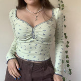 Voguable y2k Floral Print T-shirt Sweet Girl Square Collar Frill Full Sleeve Crop Top Aesthetic Fairy Grunge Vintage Pullovers Women Tees voguable