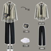 Voguable Preppy Women's Three-piece Suit Spring 2022 Autumn New Long-sleeved Plaid Shirt Knitted Sweater Vest Casual Wide-leg Pants voguable