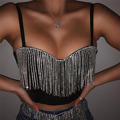 Voguable  Fashion Sexy Clubwear Diamond Tassel Crop Tops Sleeveless T Shirts Sexy Slim Lady Bralette Tops Strap Skinny Female Tee voguable