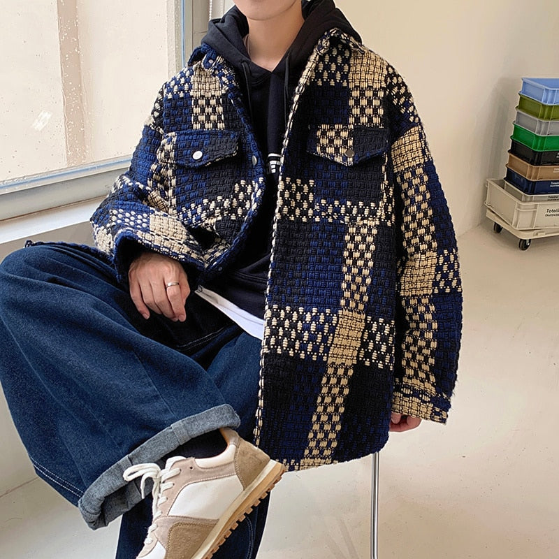 Autumn Plaid Jacket Men Fashion Retro Pocket Casual Jacket Men Streetwear Korean Loose Lapel Coat Mens Outerwear M-2XL voguable