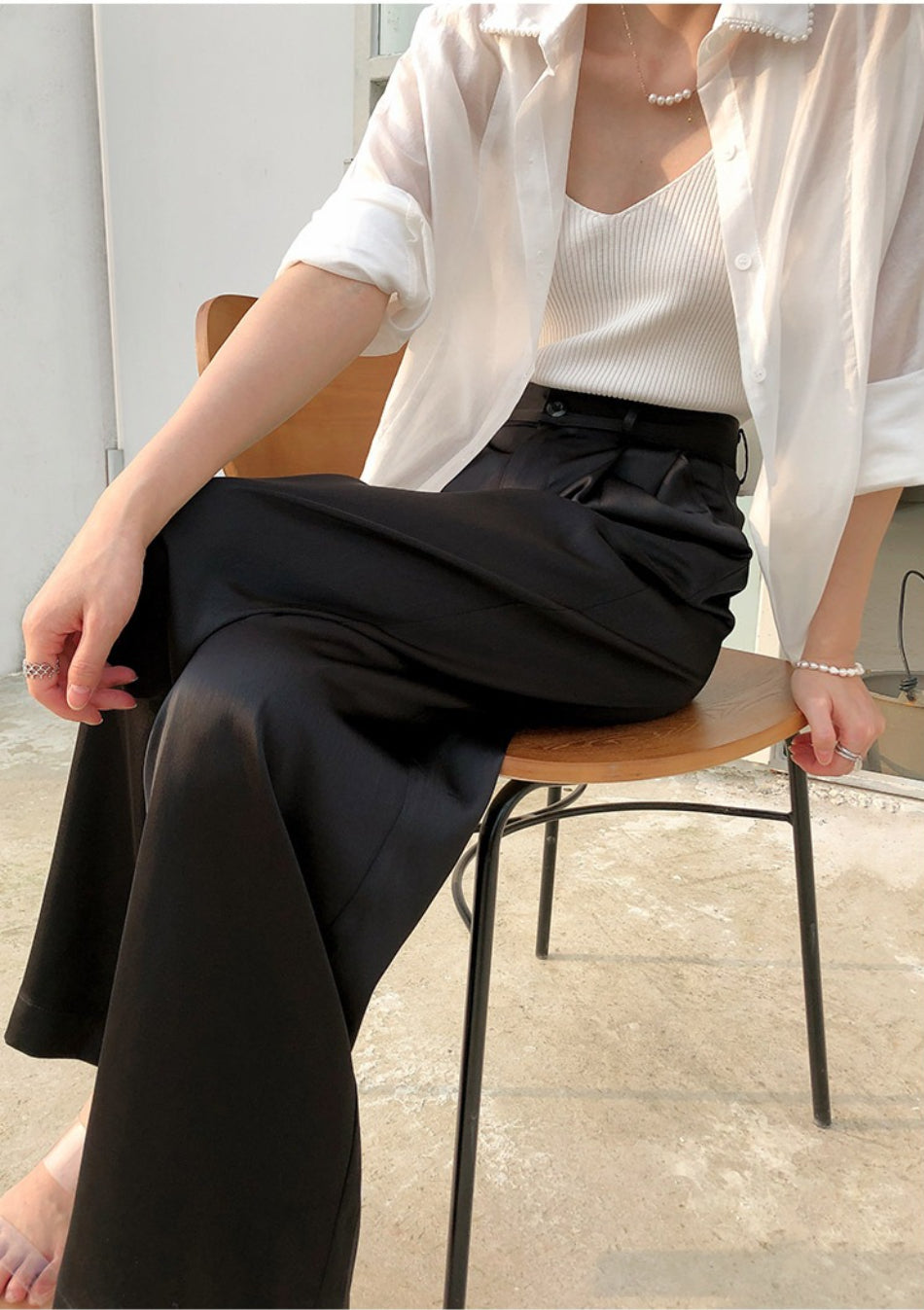 2022 Summer Autumn Silk Satin Women's Pants Loose Classic Black Straight High Waist Casual Korean Wide Leg Trousers for Women voguable
