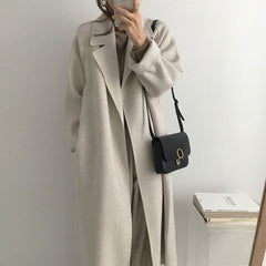 Autumn Winter Women Long Woolen Coat with Belt Long Sleeve Turn Down Collar Warm Vintage Manteau Femme Casual Ladies Jacket voguable