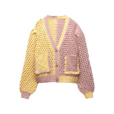 Voguable autumn new women's fashion artificial rhinestone jewelry hit color hollow design single-breasted retro sweet knitted jacket voguable