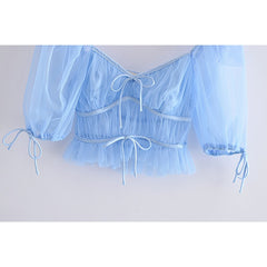 Voguable New Women Blue Tulle Transparent Sexy Crop Blouse Ladies Puff Sleeve Sweet Bow Summer Slim Tops voguable