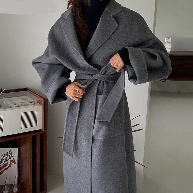 Voguable Elegant Chic Lapel Women Long Blend Coats Vintage Loose Warm Full Sleeve Lace-up Thicken Ladies Woolen Jackets Winter voguable