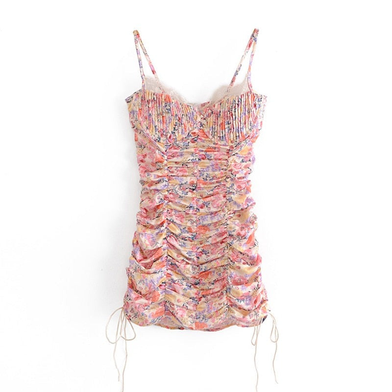 Voguable Sweet Floral Print Sling Sexy Dress Women Chic Lace Trim V Neck Sleeveless Draped Bodycon Mini Dress Party Robe Femme voguable