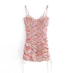 Voguable Sweet Floral Print Sling Sexy Dress Women Chic Lace Trim V Neck Sleeveless Draped Bodycon Mini Dress Party Robe Femme voguable