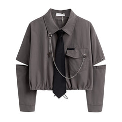 Voguable Fashion Punk Style Women Shirt Gothic Harajuku Dark Tie And Chain Long Sleeve Split Goth Design Streetwear Blouse Girl Crop Top voguable