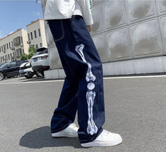Voguable Men Skeleton Baggy Casual Pants 2021 Mens Japanese Streetwear Wide Leg Denim Trousers Male Y2k Blue Vintage Denim Pants voguable