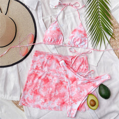 Peachtan Tie dye bikini 2021 Skirted swimsuit women High cut 3 piece suit halter swimwear female Triangle bathing suit Backless voguable