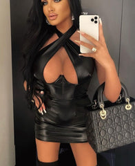 Voguable Pu Leather Faux Halter Hollow Out Slip Sleeveless Mini Dress Solid 2022 Fall Bodycon Evening Party Elegant Vestidos voguable