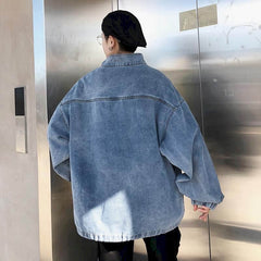 Washed Cargo denim shirt men's Hong Kong style stand-up collar jacket Korean spring autumn trend Techwear tops punk streetwear voguable