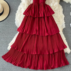 Summer Green/Pink/Red Pleated Spaghetti Strap Dress Women Sexy V-Neck High Waist Sleeveless Cascading Ruffle A-Line Draped Robe voguable
