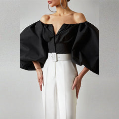 Voguable Fashion Sexy Off Shoulder Blouses Women Spring Summer Lantern Long Sleeve Shirts Print Top Vintage Holiday Elegant Shirt Blusas voguable