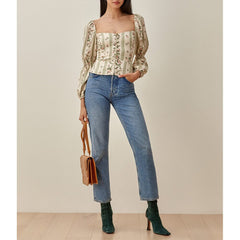 Floral Print Top Women Square Neck Front Buttons Fitted Vintage Elegant Blouse Double Puff Long Sleeve Ladies Chiffon Blouses voguable