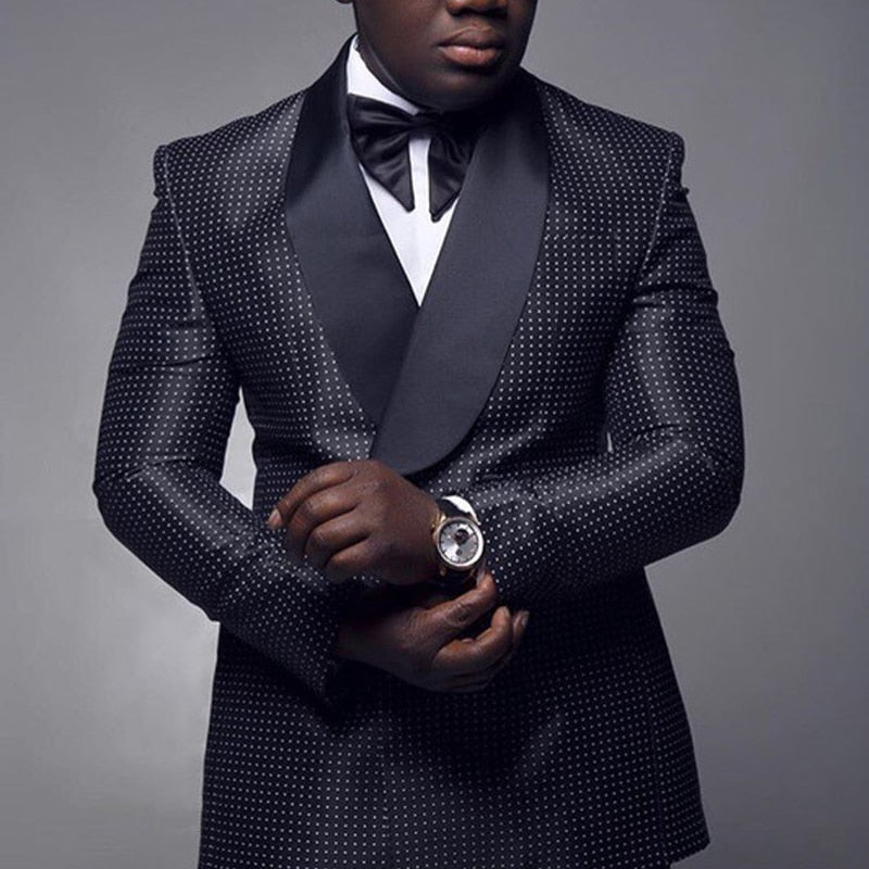 Voguable Black Checkered Dots Men Suits with Double Breasted for Wedding Slim Fit Groom Tuxedo Two Piece Set Jacket Pants Fashion Costume voguable