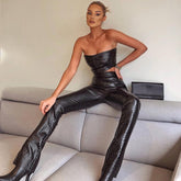 Voguable Sleeveless Solid Pu Leather Backless Tube Top Leggings 2 Pieces Set Autumn Winter Women Sexy Streetwear Tracksuit voguable