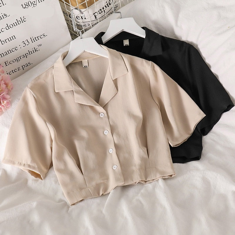 Voguable Shirts Women Notched Crop Top Simple New Summer Ladies All-match Chic Elegant Ulzzang Harajuku Fashion Solid Chiffon Design Slim voguable