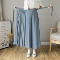 Voguable 2022 Spring Summer New Style Korean Women Pleated Chiffon Trousers High Waist Pants Hakama Casual Wide Leg Pantalones voguable