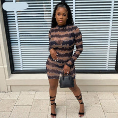 Voguable Long Sleeve Turtleneck Vintage Print Skinny Mini Dress Autumn Winter Women Fashion Sexy Party Club Outfits voguable