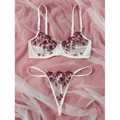 Voguable 2-Piece Floral Bra Set Women Transparent Bra Underwire + Thong Underwear Set Ladies Sexy Lingerie Set voguable