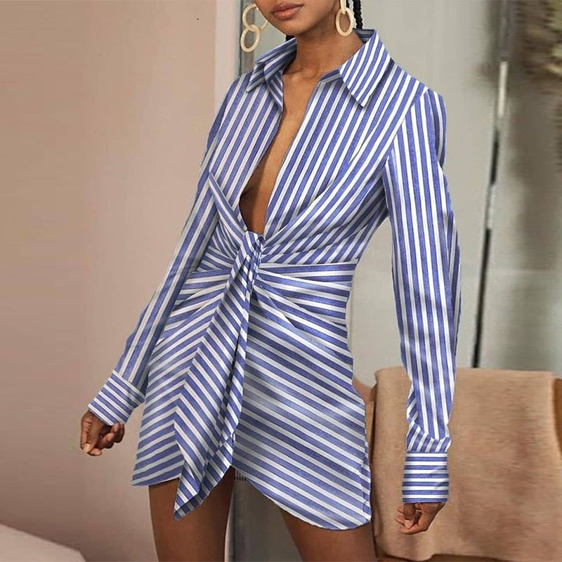 Women Elegant Turn-Down Collor Folds Party Dress Casual Striped Printed Ladies Shirt Dress Autumn Long Sleeve Slim Fitness Dress voguable