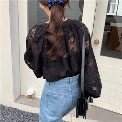 Voguable 2022 Women Blouse with Lace Lantern Long Sleeve Transparent Blouse Loose Sexy Cardigan Lace Shirt Spring Black Lace Top 10202 voguable