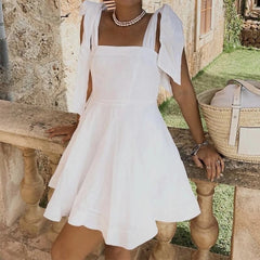 Voguable Summer Women Shoulder Sweet Bow Tie Elegant White Dress Sexy Sleeveless Square Neck A-line Mini Holiday Dress Lady Robe voguable