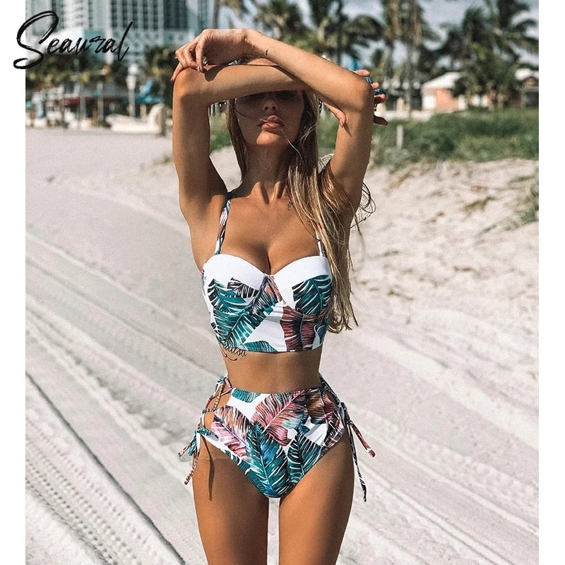 Voguable High Waist Bikini Set 2022 mujer Push Up Bandage Bikini Swimwear Women Floral Two Pieces Swimsuit Strappy biquinitraje de baño voguable